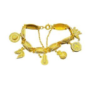 Vintage Damascene Gold Tone Charm Bracelet With Elephant Guitar & More - 7" Tole